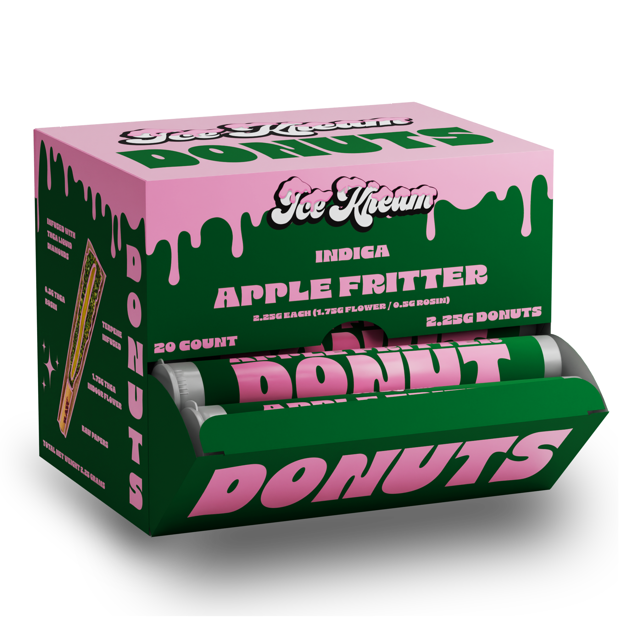 Ice Kream Donuts Apple Fritter Display Box 2 – premium THCa infused donut pre-rolls in a branded retail-ready display box.