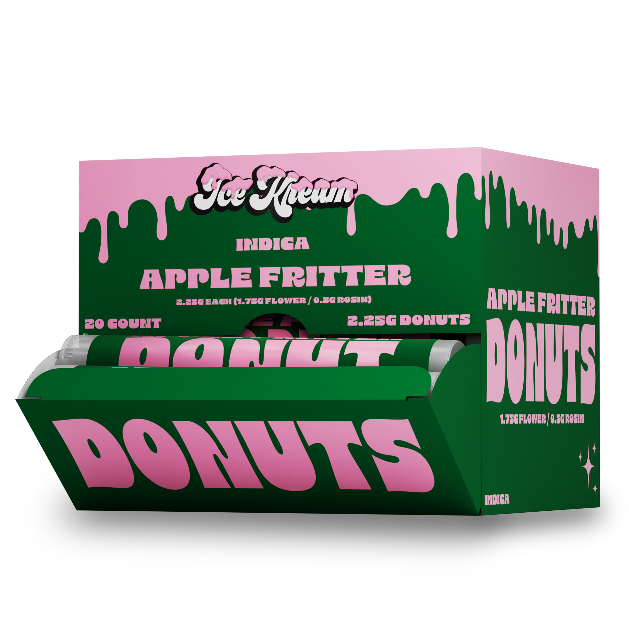 Ice Kream Donuts Apple Fritter Display Box 4 – THCa infused donut pre-rolls presented in a branded retail display box.