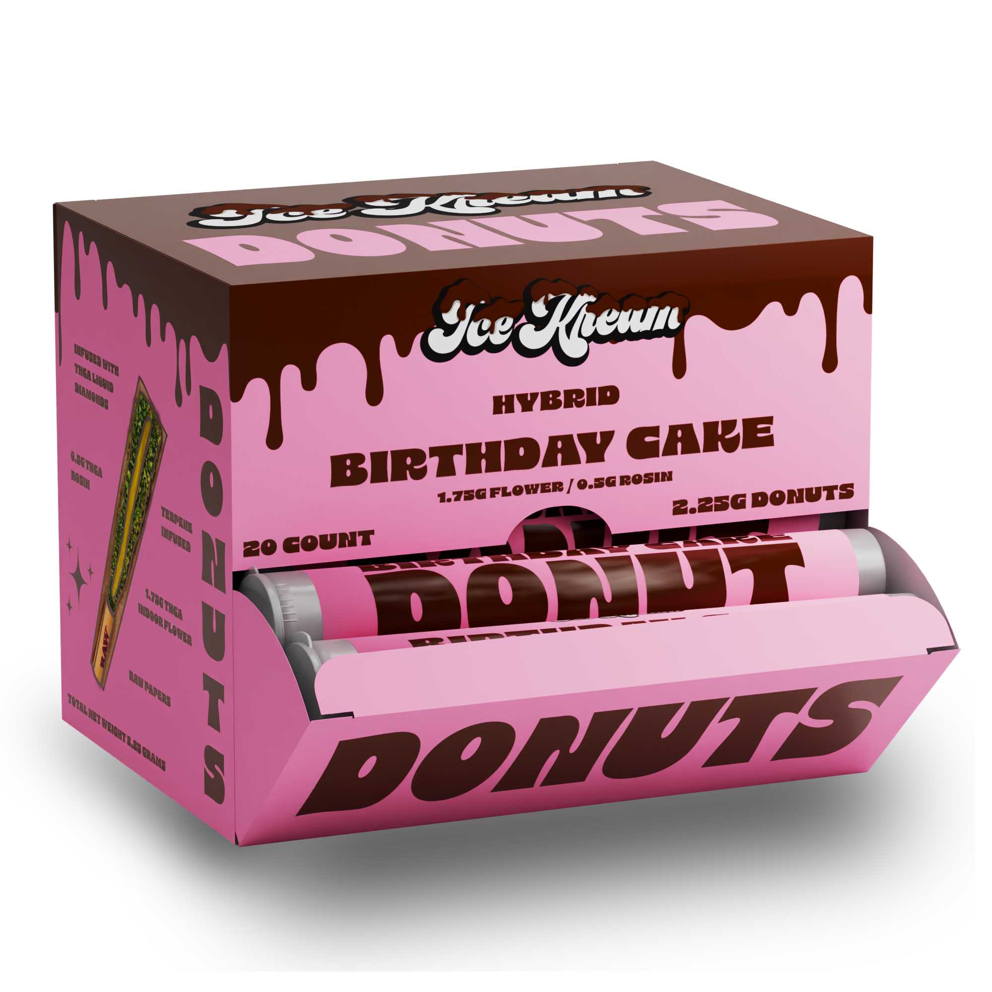 Ice Kream Donuts Birthday Cake Display Box 2 – premium THCa infused donut pre-rolls packaged in a colorful branded retail box.