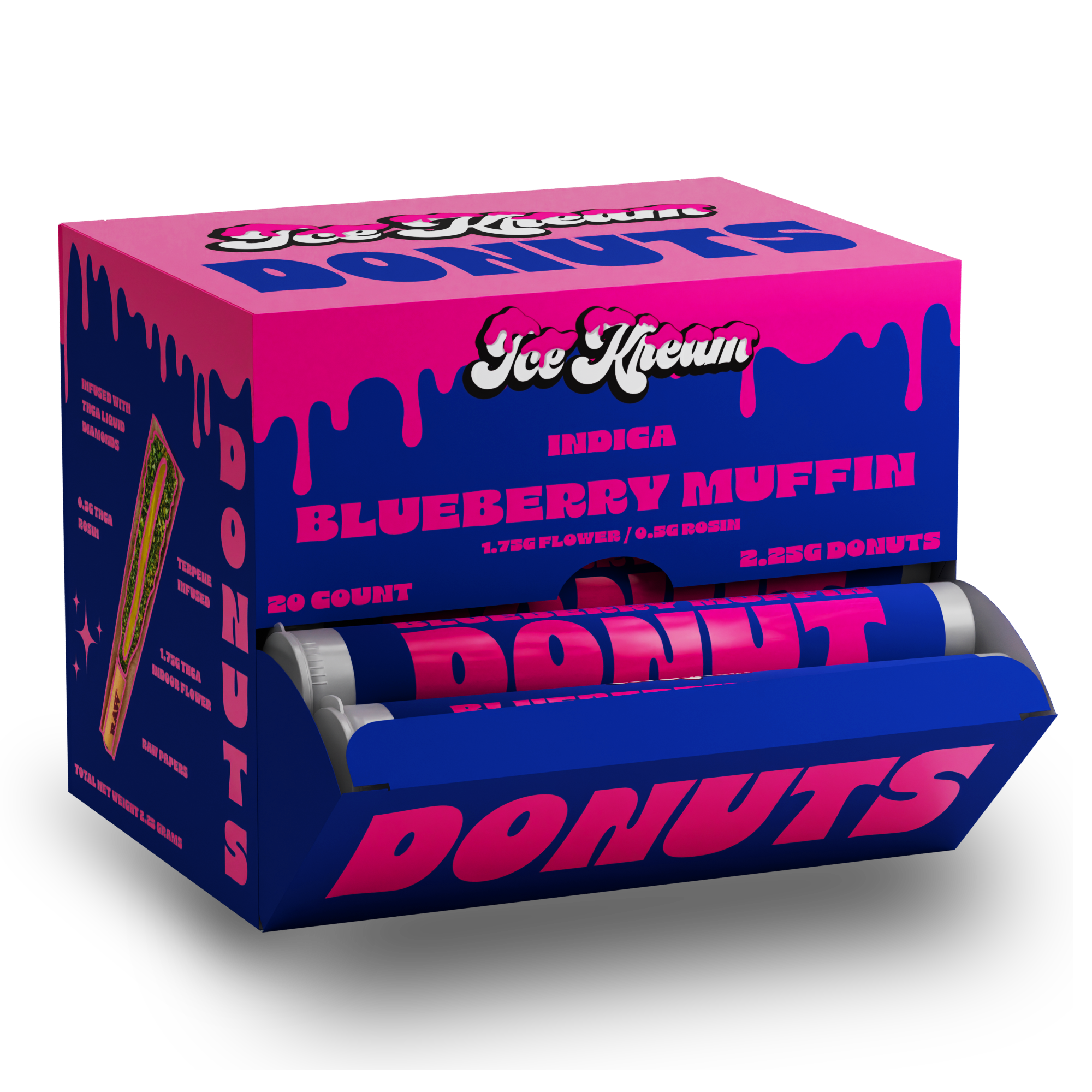 Ice Kream Donuts Blueberry Muffin Display Box 2 – THCa infused donut pre-rolls packaged in a branded retail display box.