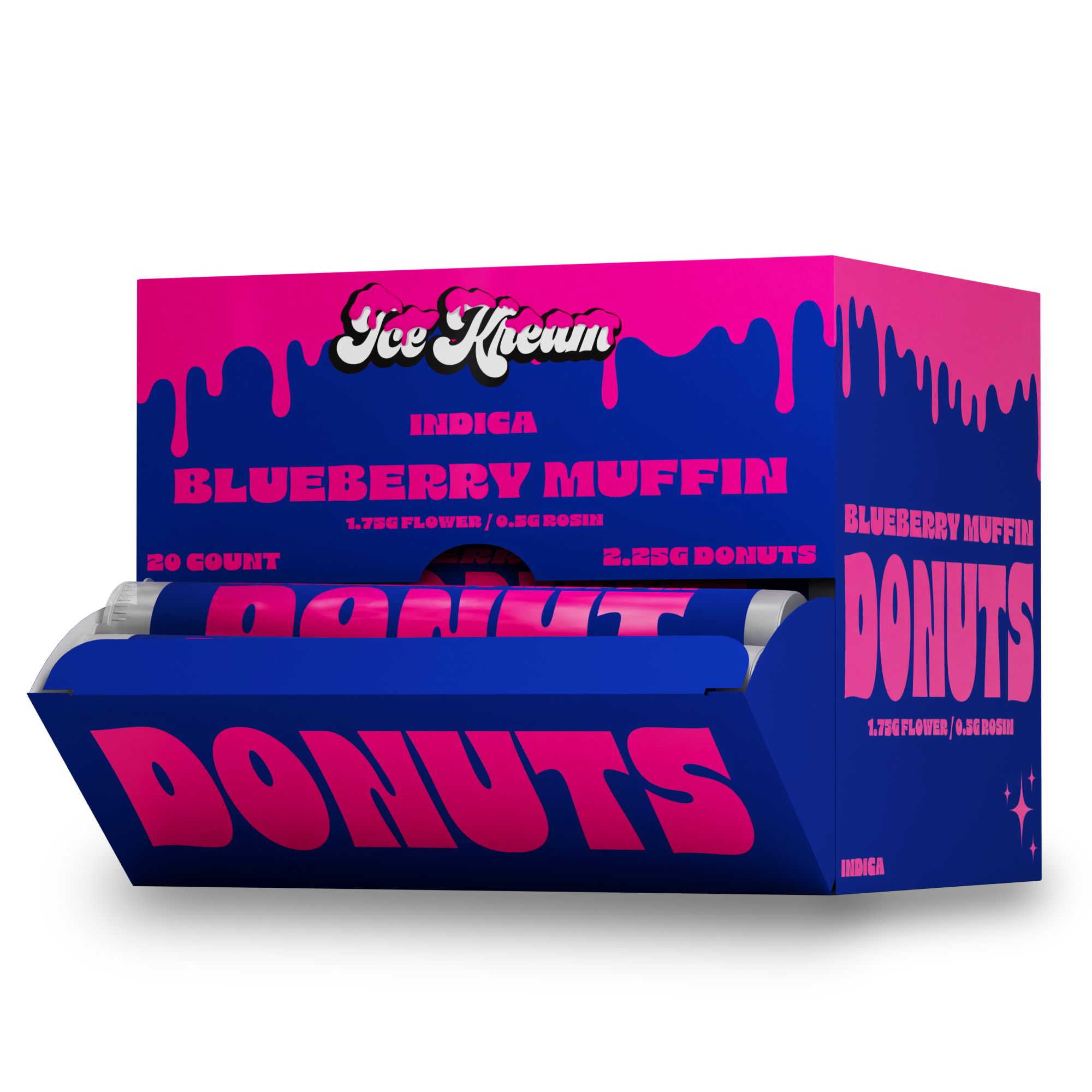 Ice Kream Donuts Blueberry Muffin Display Box 4 – premium THCa infused donut pre-rolls in a branded retail-ready display box.