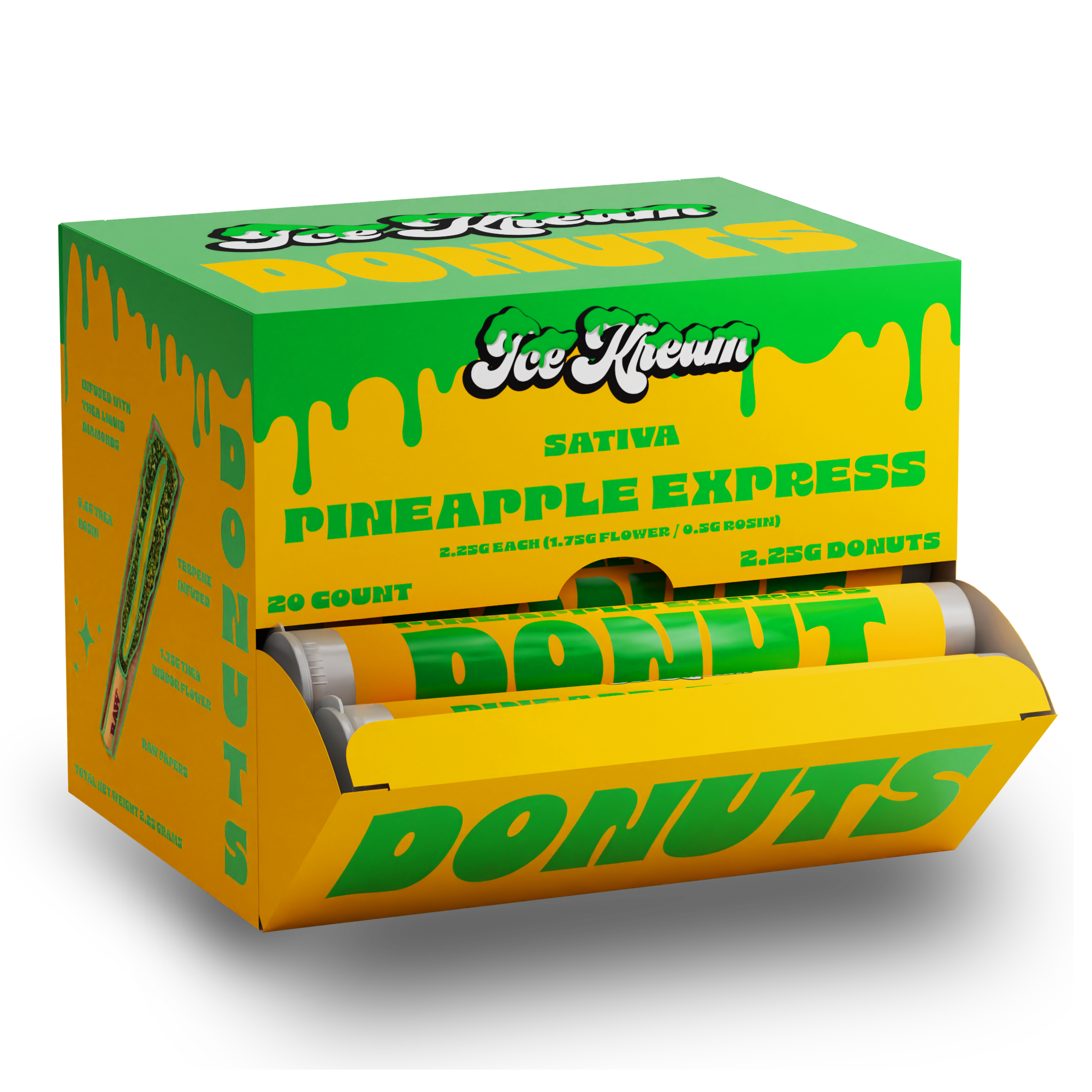 Ice Kream Donuts Pineapple Express Display Box 2 – THCa infused donut pre-rolls showcased in a branded retail display box.