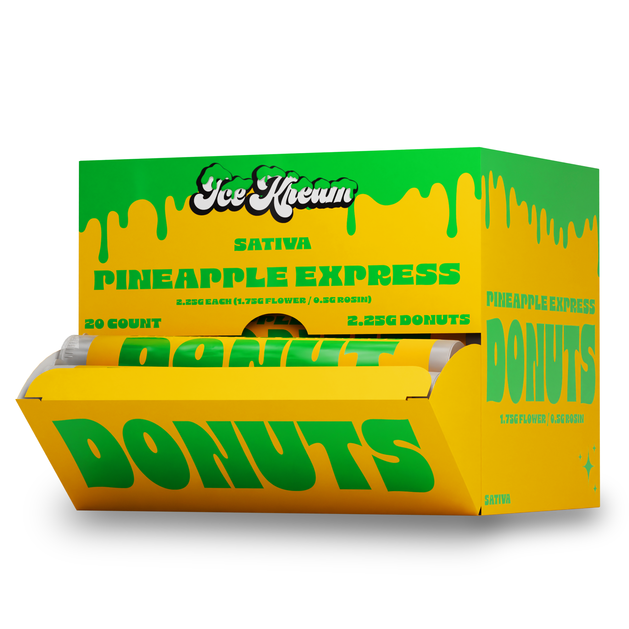 Ice Kream Donuts Pineapple Express Display Box 4 – premium THCa infused donut pre-rolls in a branded retail-ready display box.