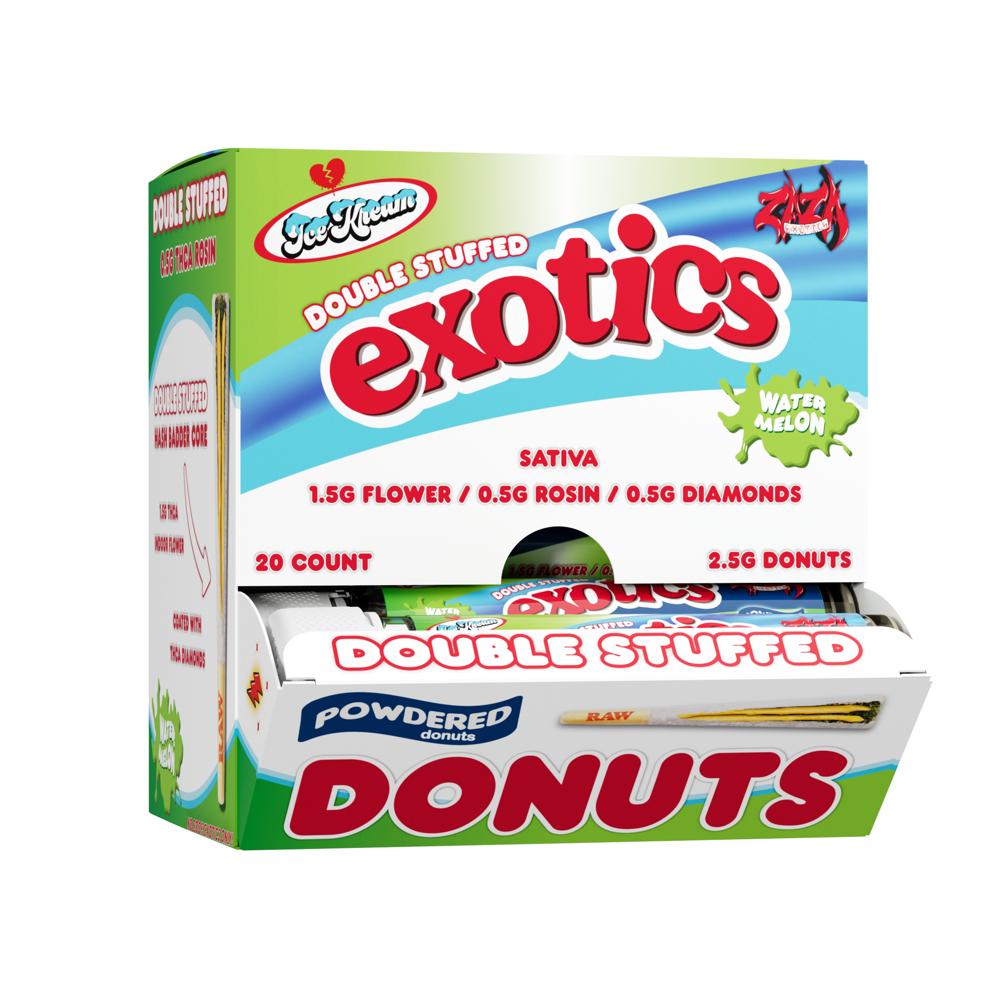 Ice Kream Watermelon Exotics THCA Powdered Donuts 20ct Display box with tubes coming out of the front