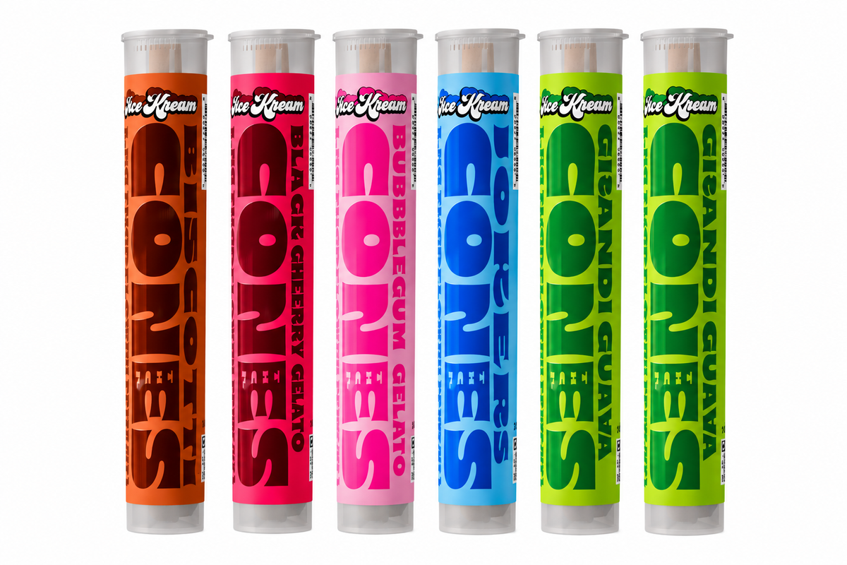Six tubes of Ice Kream Cones in assorted flavors, including Black Cherry Gelato, Bubblegum Gelato, Jokers, and two Grandi Guava, arranged in a row against a white background.