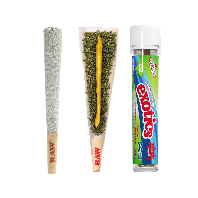 Ice Kream Watermelon Exotics THCA Powdered Donuts with a coated pre-roll, an open pre-roll showing the hash batter core and a pre-roll in a tube