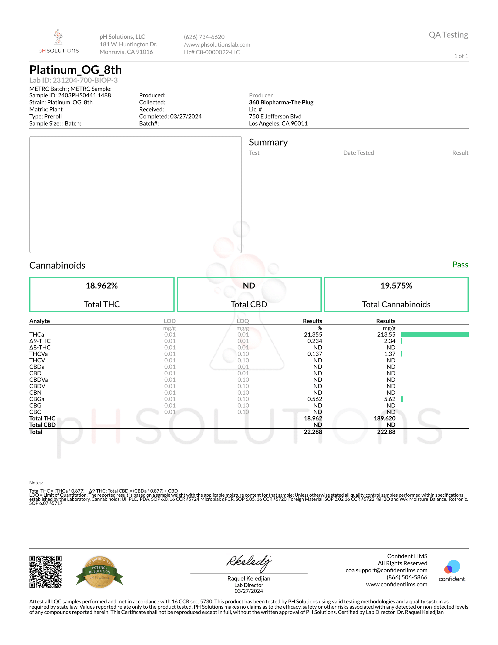 Ice Kream Platinum OG Flower COA – certificate of analysis showing lab testing results for Ice Kream’s Platinum OG cannabis flower.