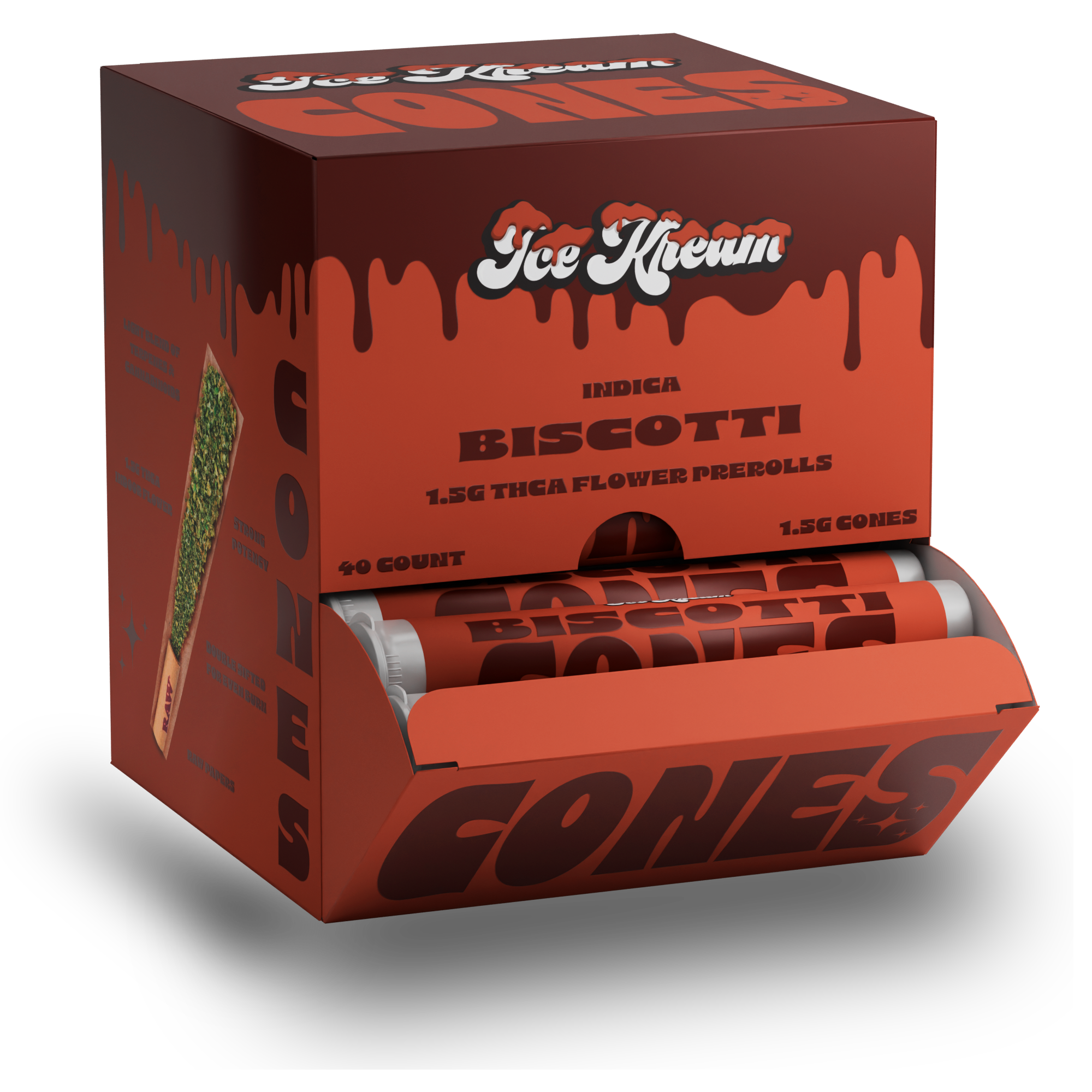 Ice Kream 40 count display of Cones Biscotti strain with branded packaging design