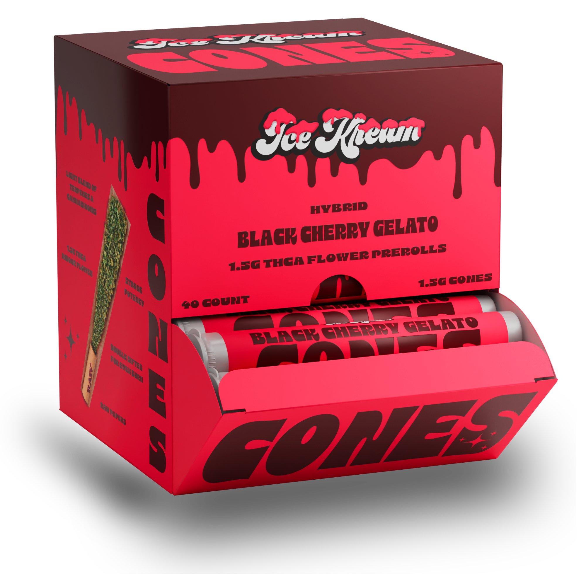 Ice Kream 40 count display of Cones Black Cherry Gelato strain with branded packaging design