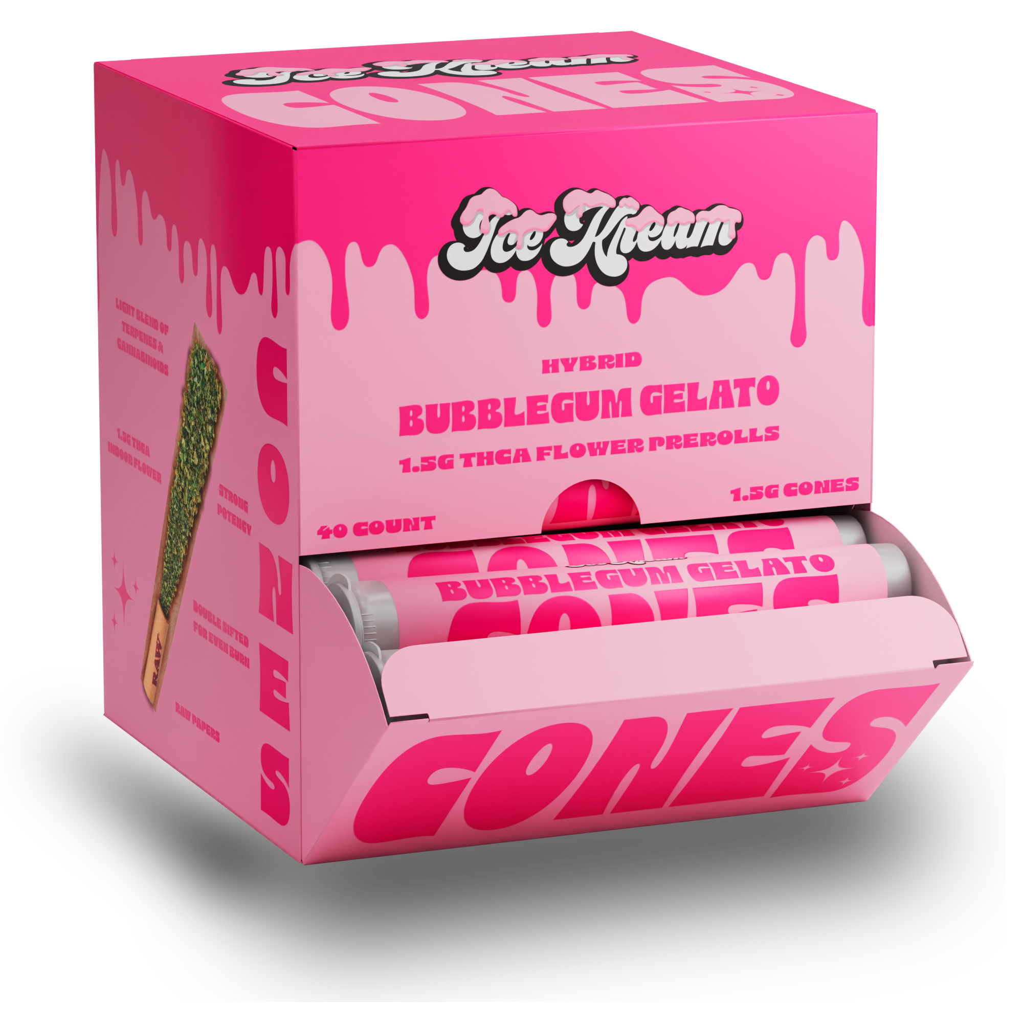 Ice Kream 40 count display of Cones Bubblegum Gelato strain with branded packaging design