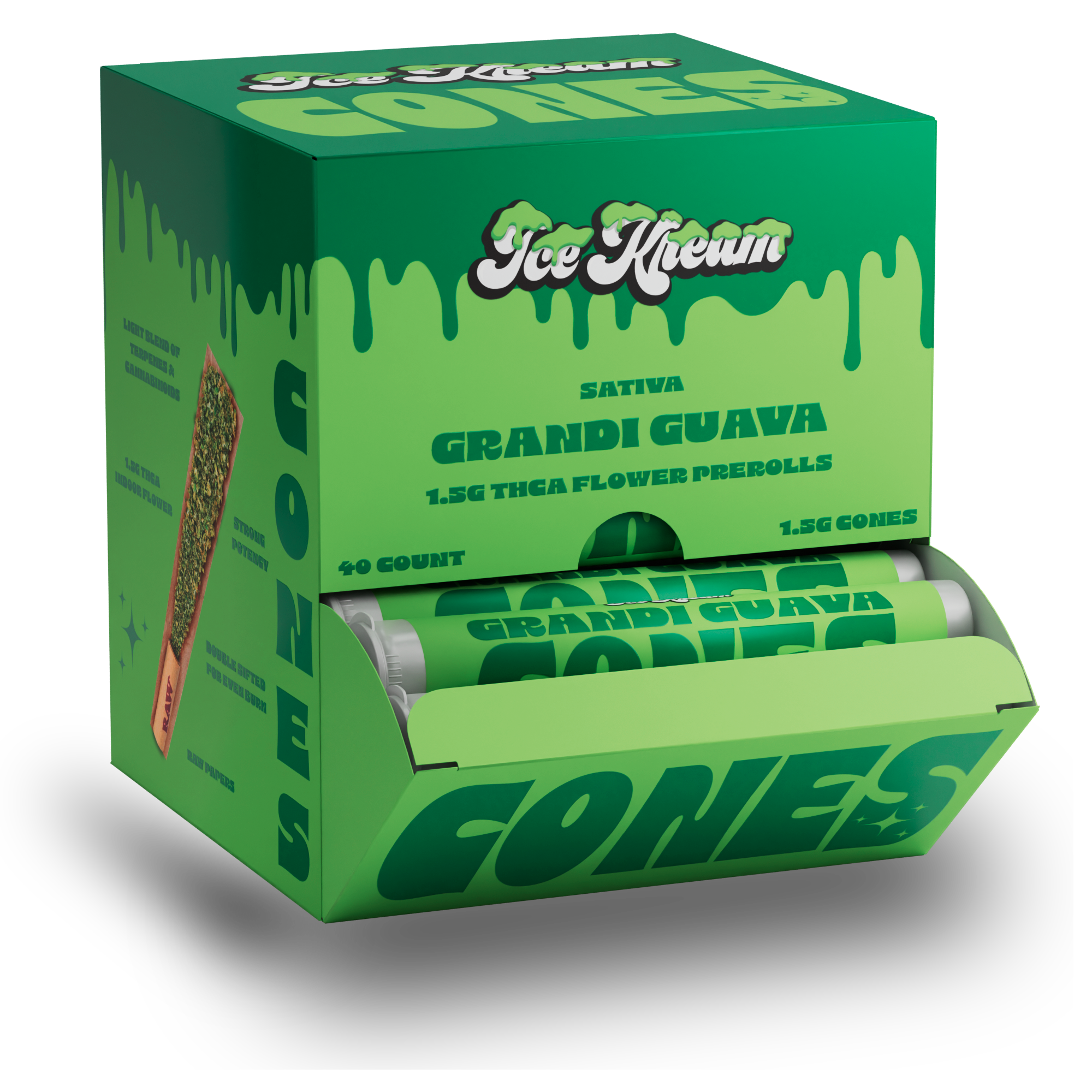 Ice Kream 40 count display of Cones Grandi Guava strain with branded packaging design