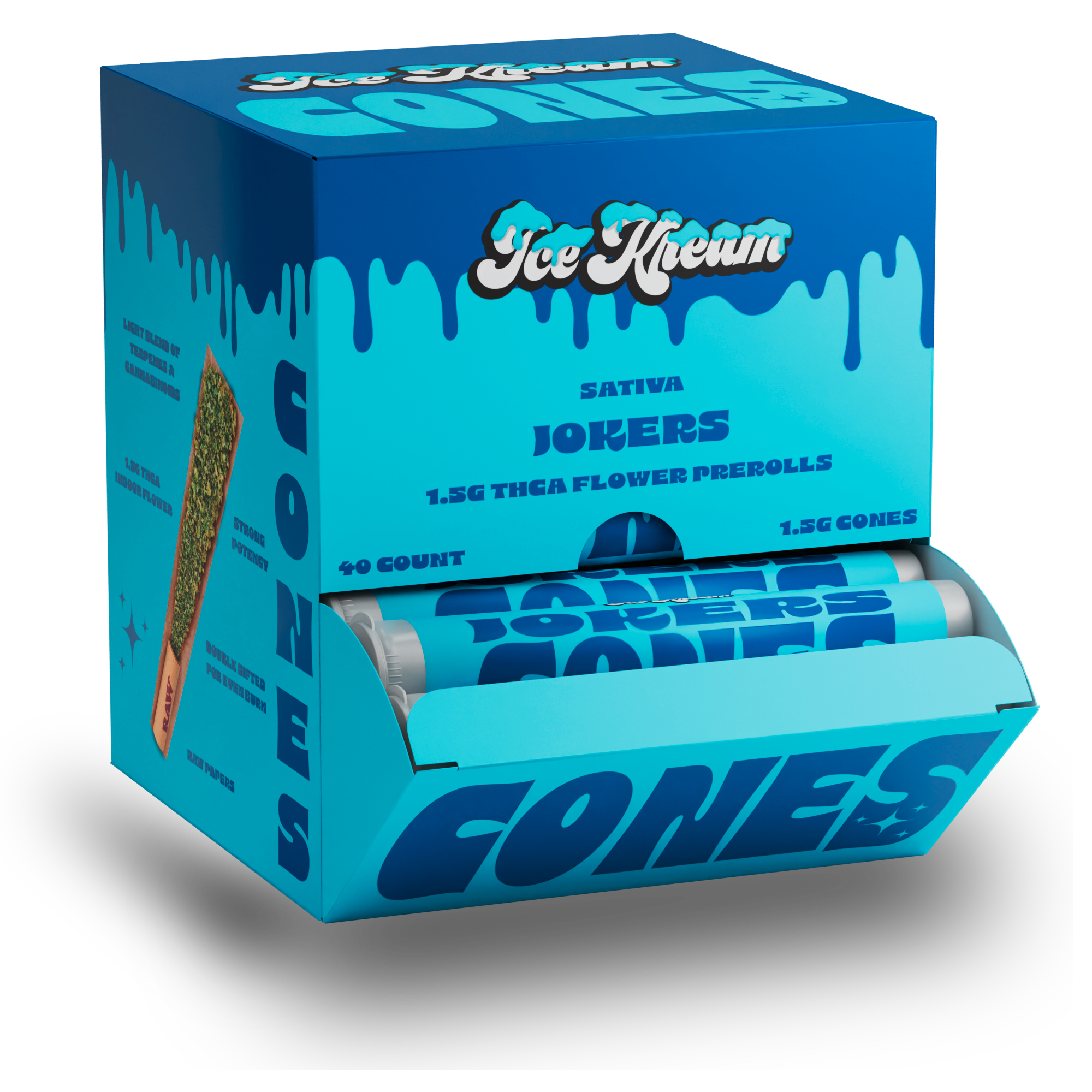 Ice Kream 40 count display of Cones Jokers strain with branded packaging design
