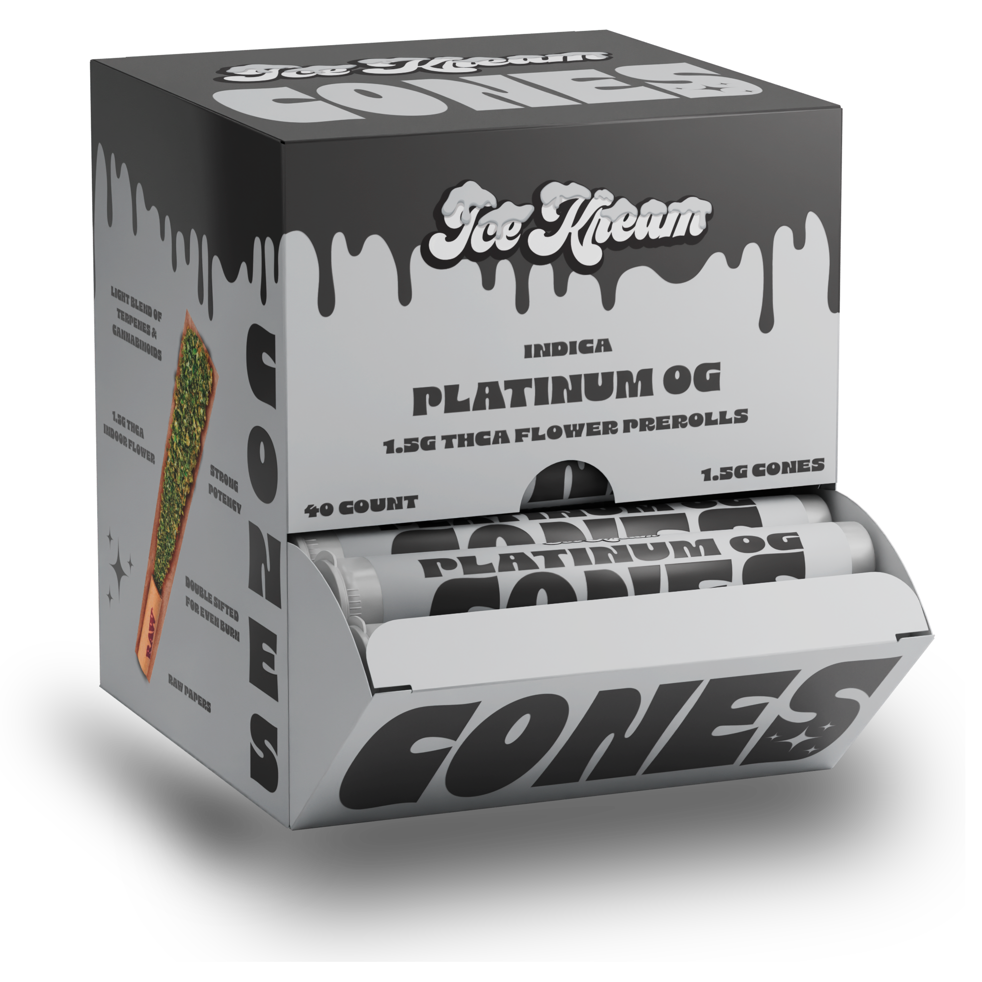 Ice Kream 40 count display of Cones Platinum OG strain with branded packaging design