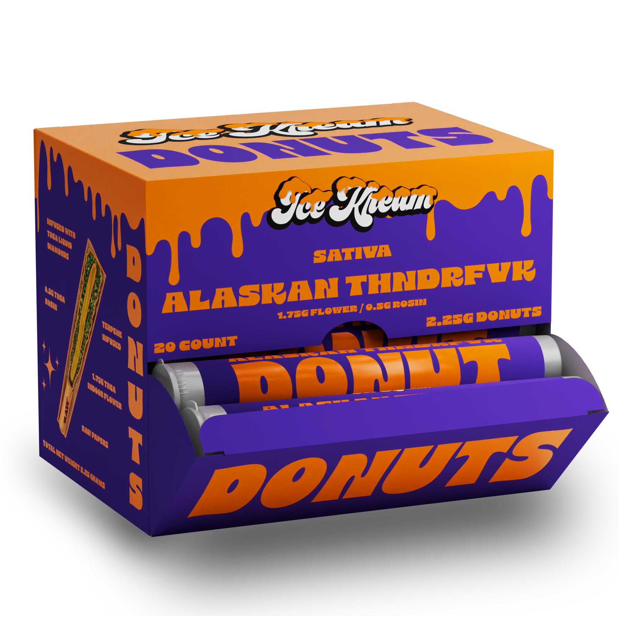 Ice Kream Donuts Alaskan Thunderfvkl Display Box 3 – premium THCa infused donut pre-rolls packaged in a bold branded retail box.