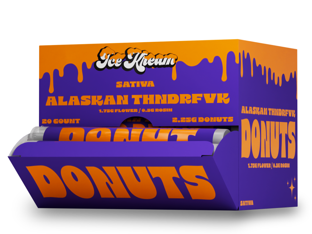 Ice Kream Donuts Alaskan Thunderfvkl Display Box 4 – THCa infused donut pre-rolls presented in a branded retail display box.
