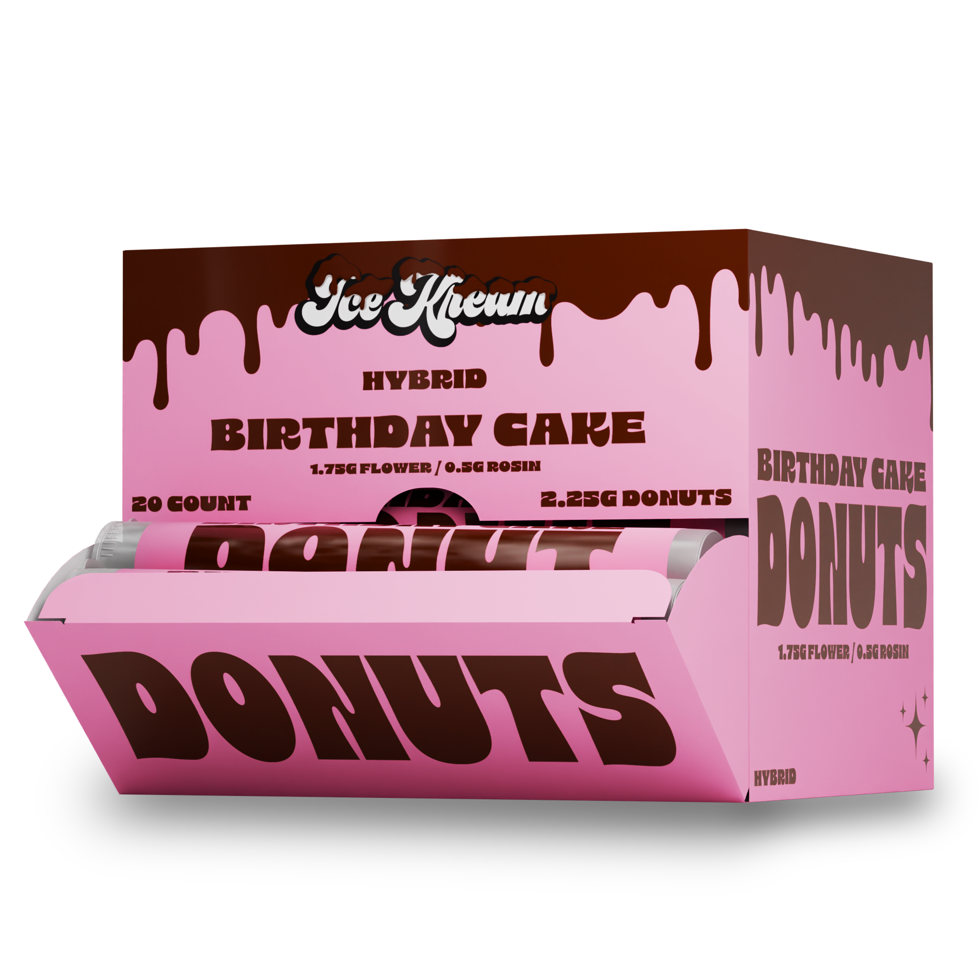Ice Kream Donuts Birthday Cake Display Box 4 – THCa infused donut pre-rolls in a festive branded retail display box.
