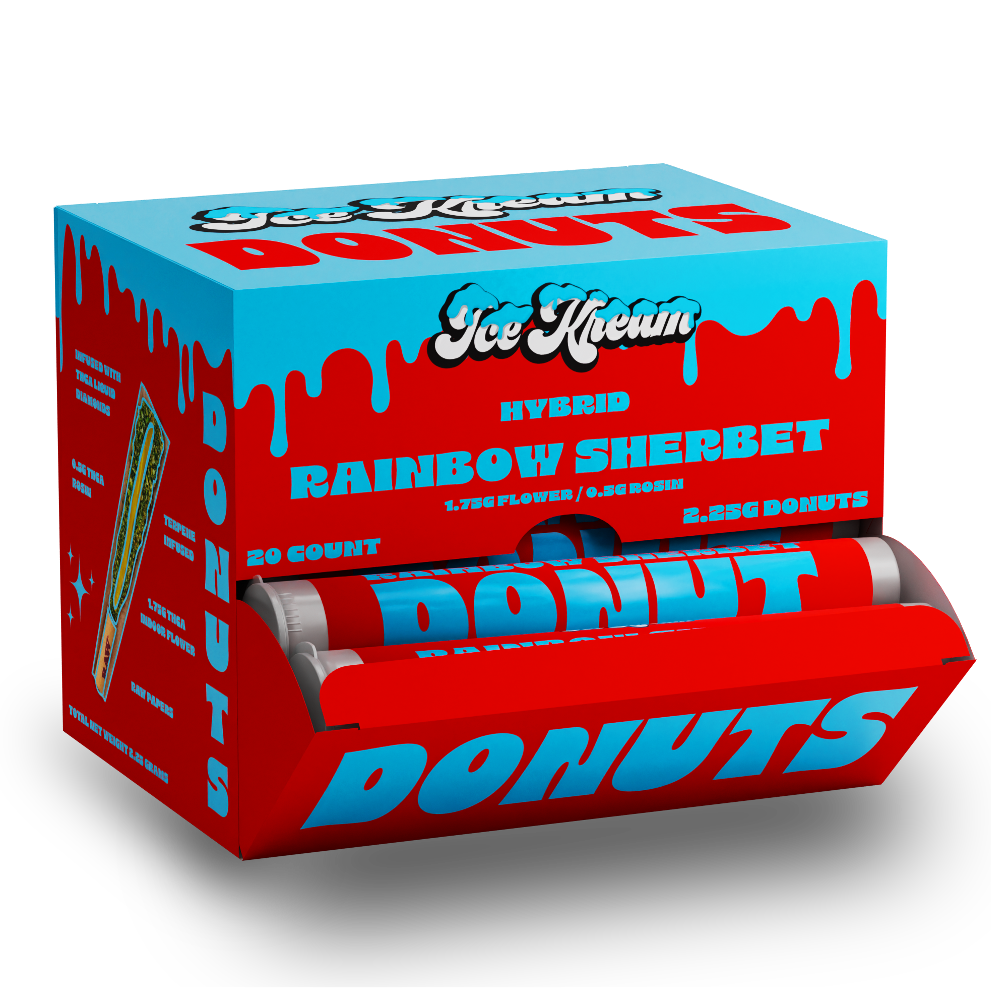 Ice Kream Donuts Rainbow Sherbet Display Box – premium THCa infused donut pre-rolls in a vibrant branded retail display box.