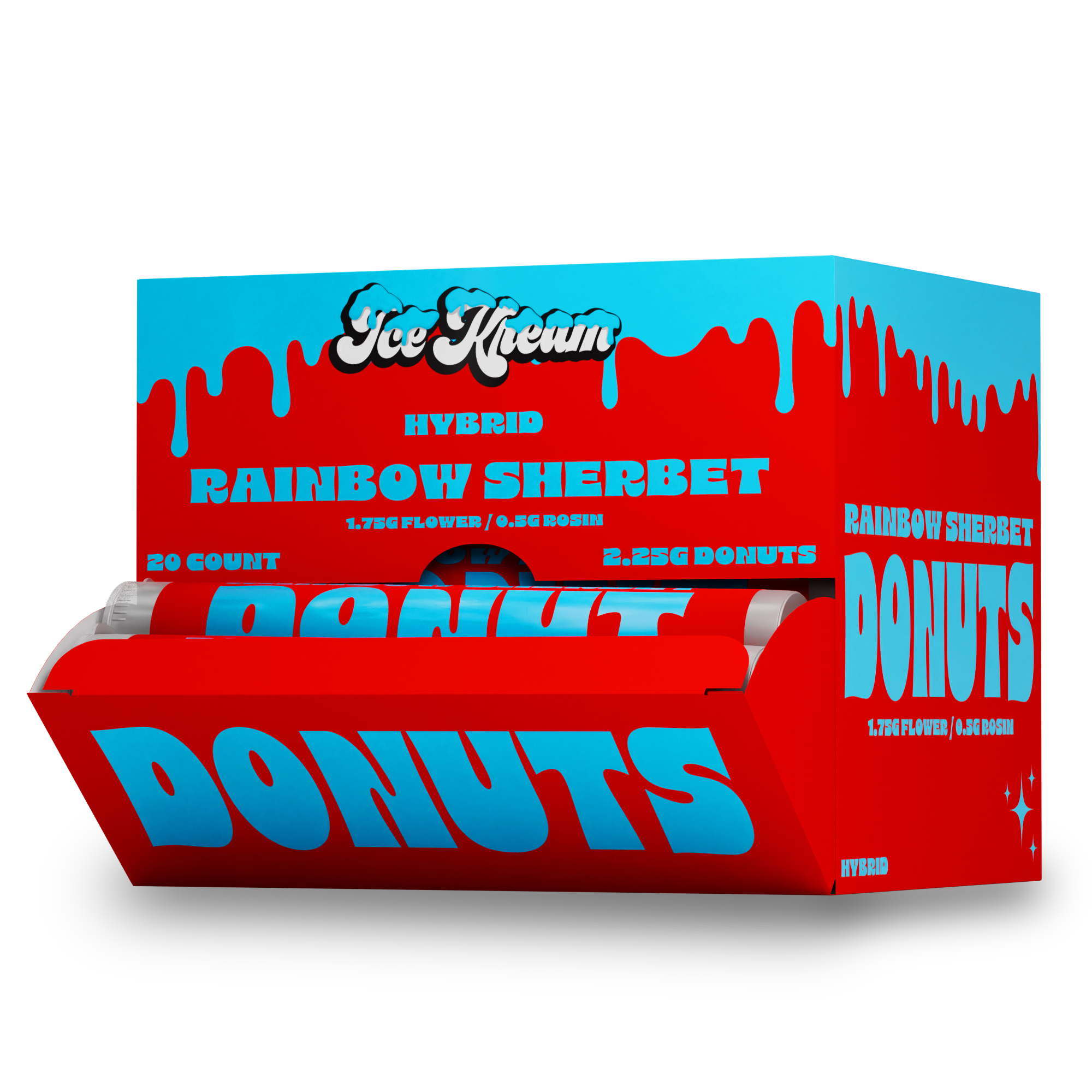 Ice Kream Donuts Rainbow Sherbet Display Box 4 – exotic THCa infused donut pre-rolls in a bright, branded retail display box.