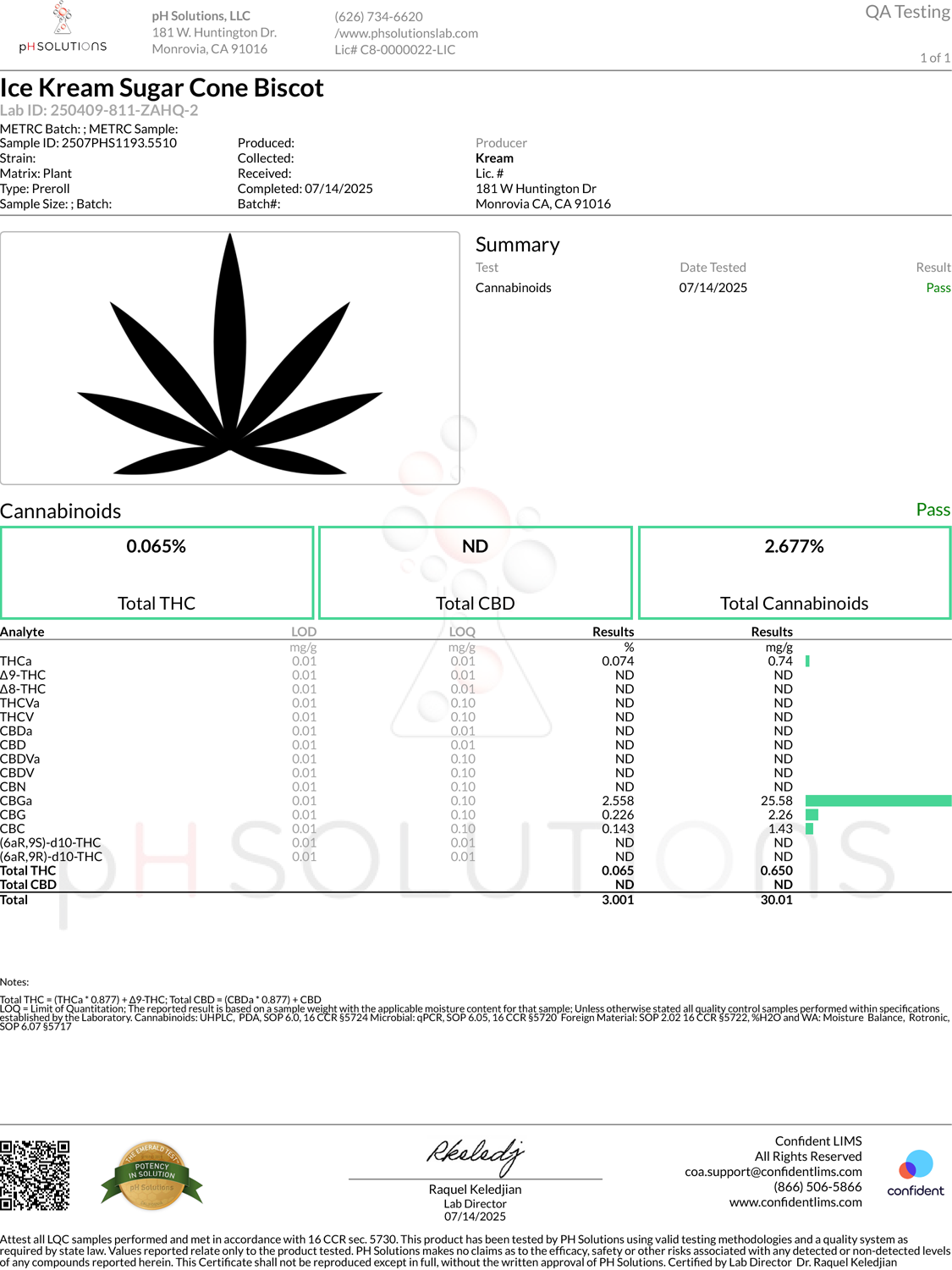 Ice Kream Sugar Cone Biscotti Certificate of Analysis document displaying verified lab results and compliance details