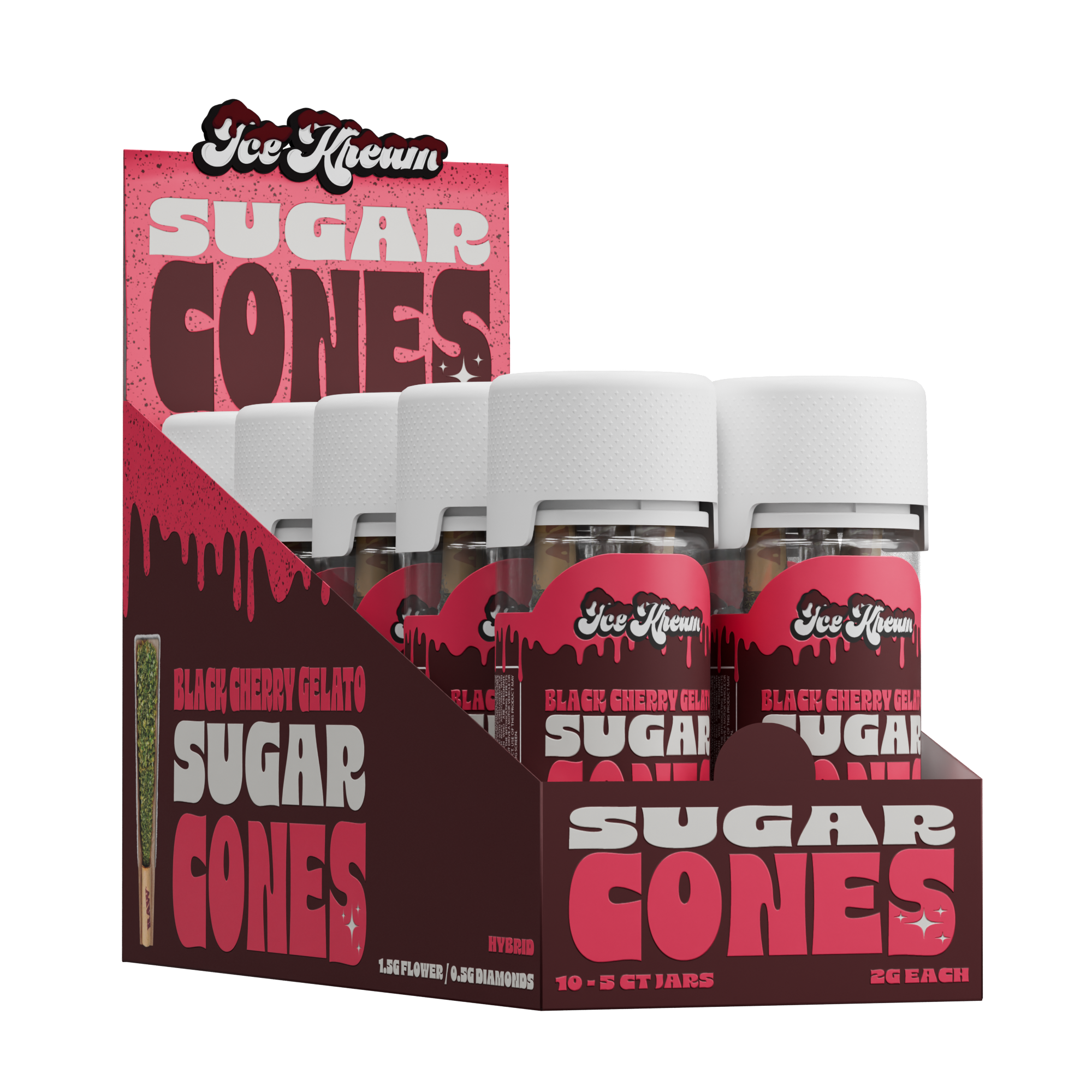 Ice Kream Sugar Cones 10 count display and 5 count pack of Black Cherry Gelato strain with branded packaging