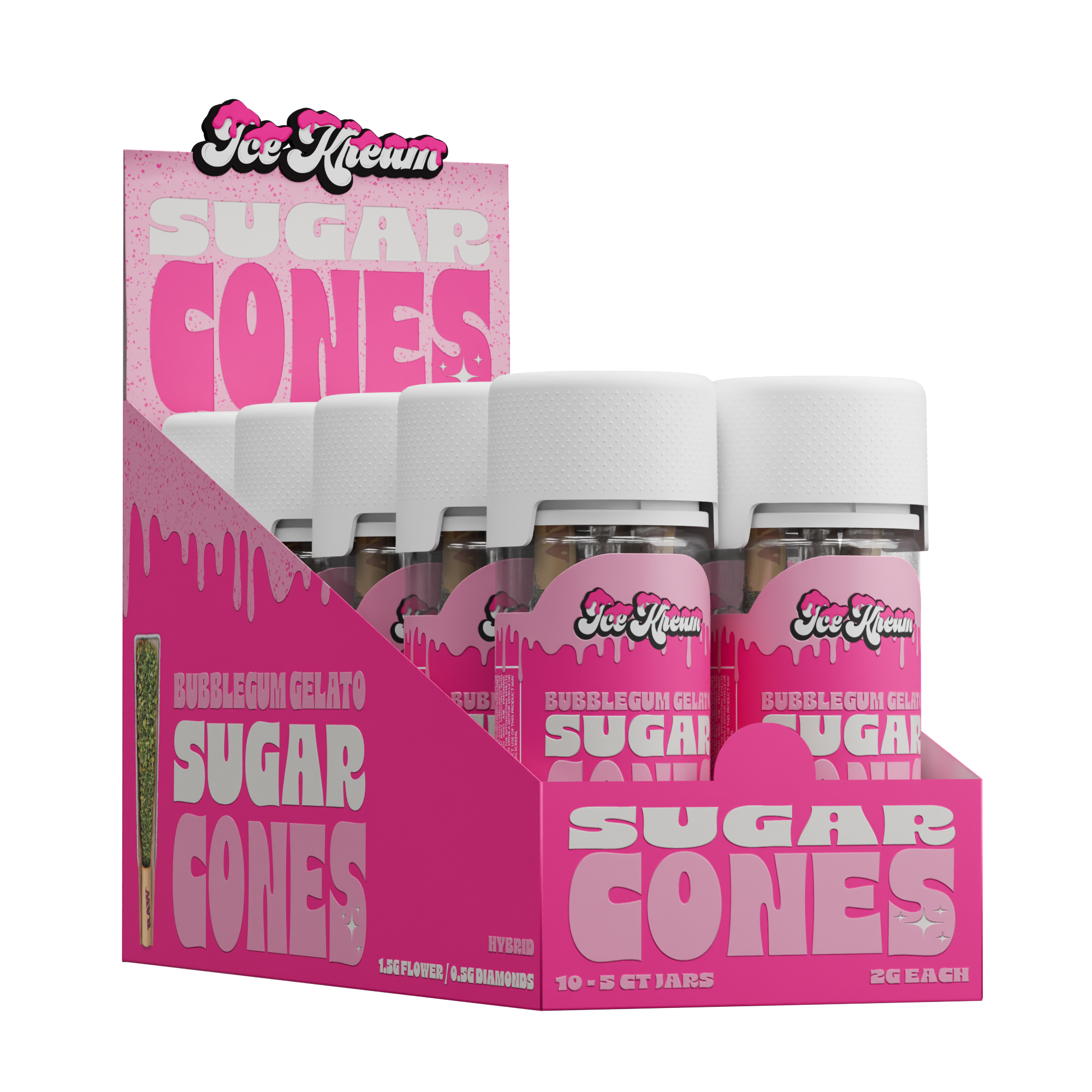 Ice Kream Sugar Cones 10 count display and 5 count pack of Bubblegum Gelato strain with branded packaging