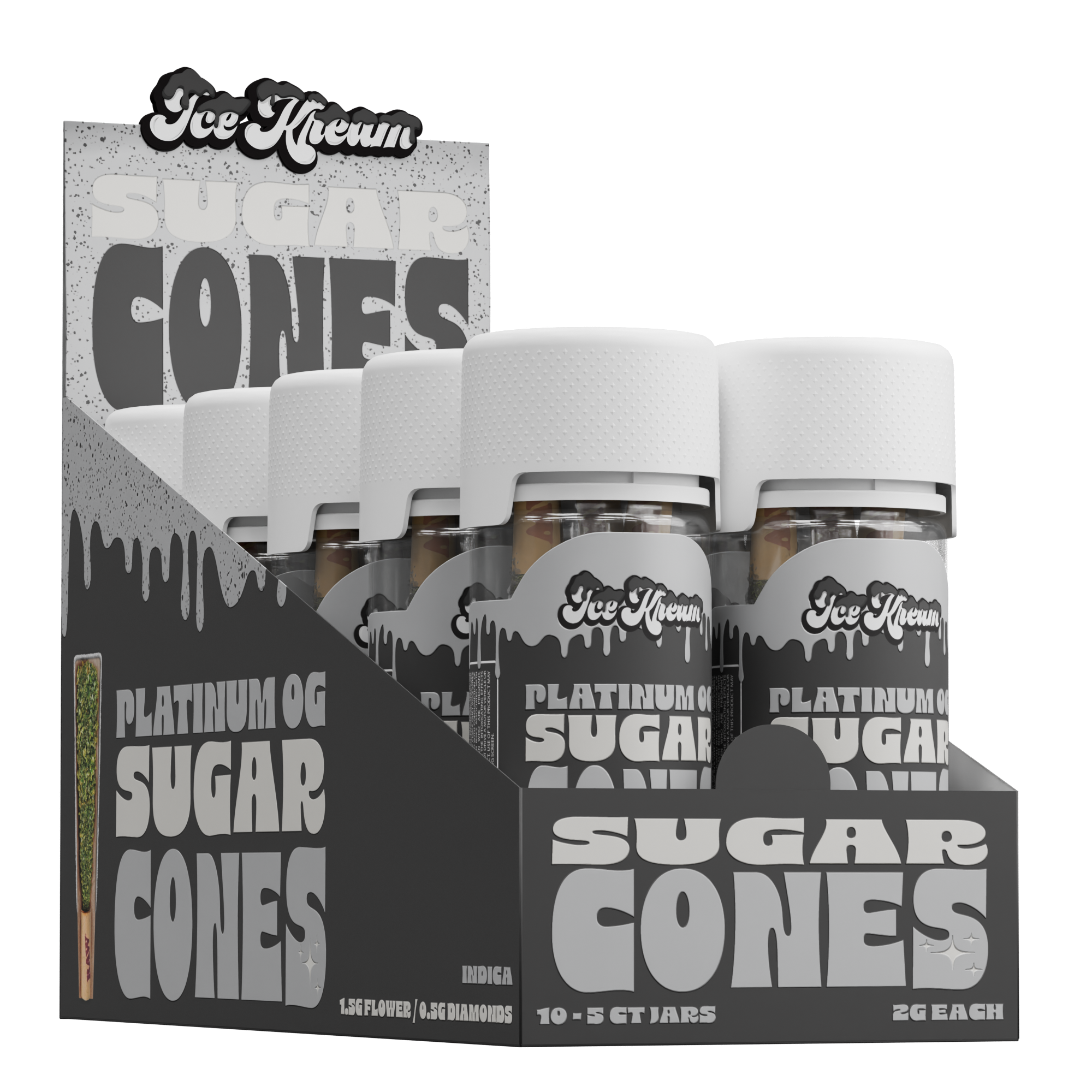 Ice Kream Sugar Cones 10 count display and 5 count pack of Platinum OG strain with branded packaging