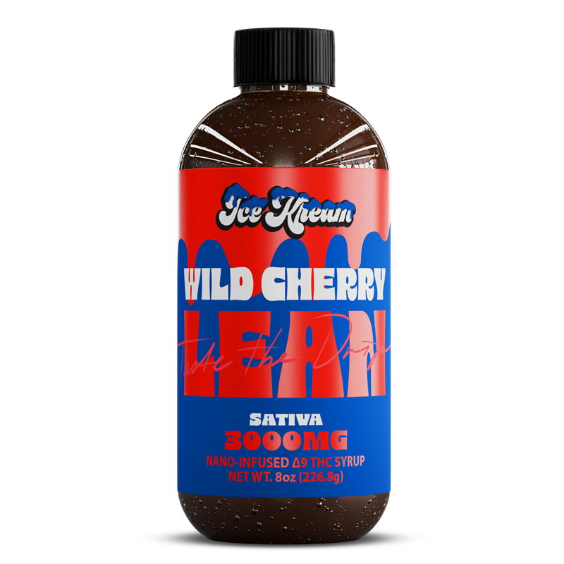 Ice Kream Wild Cherry Lean – cannabis-infused syrup in bold wild cherry flavor, packaged in a branded bottle.