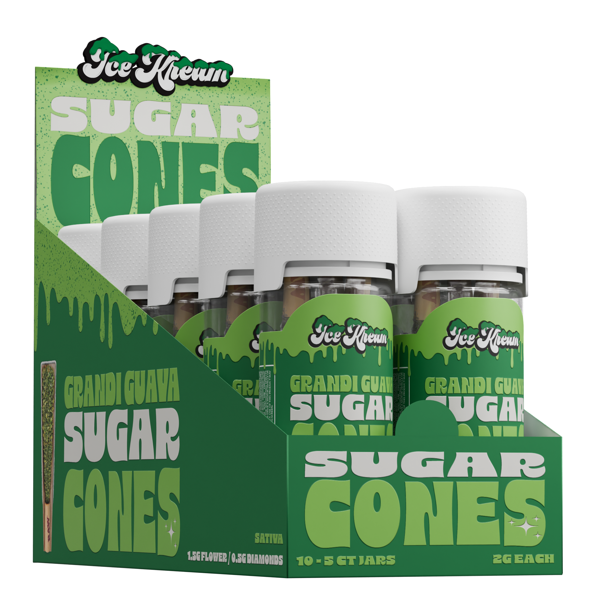 Ice Kream Sugar Cones 10 count display and 5 count pack of Grandi Guava strain with branded packaging